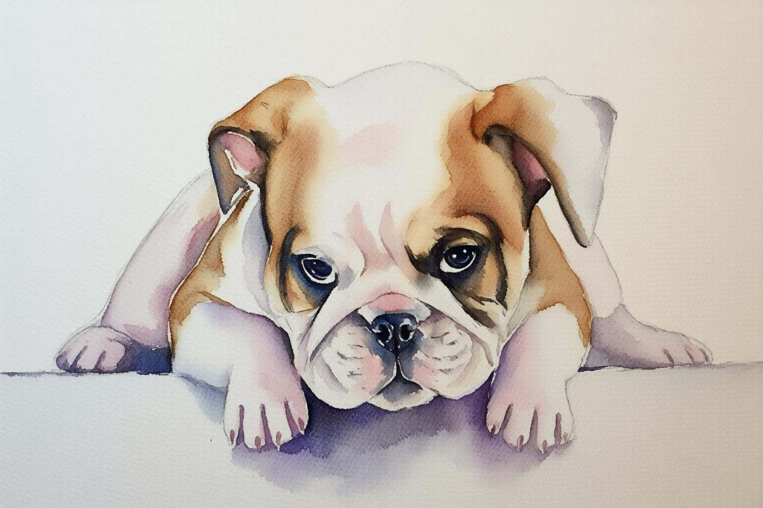 watercolorbasic2q watercolor painting of young bulldog puppy lying down with its front legs stretched out in front of it,...
