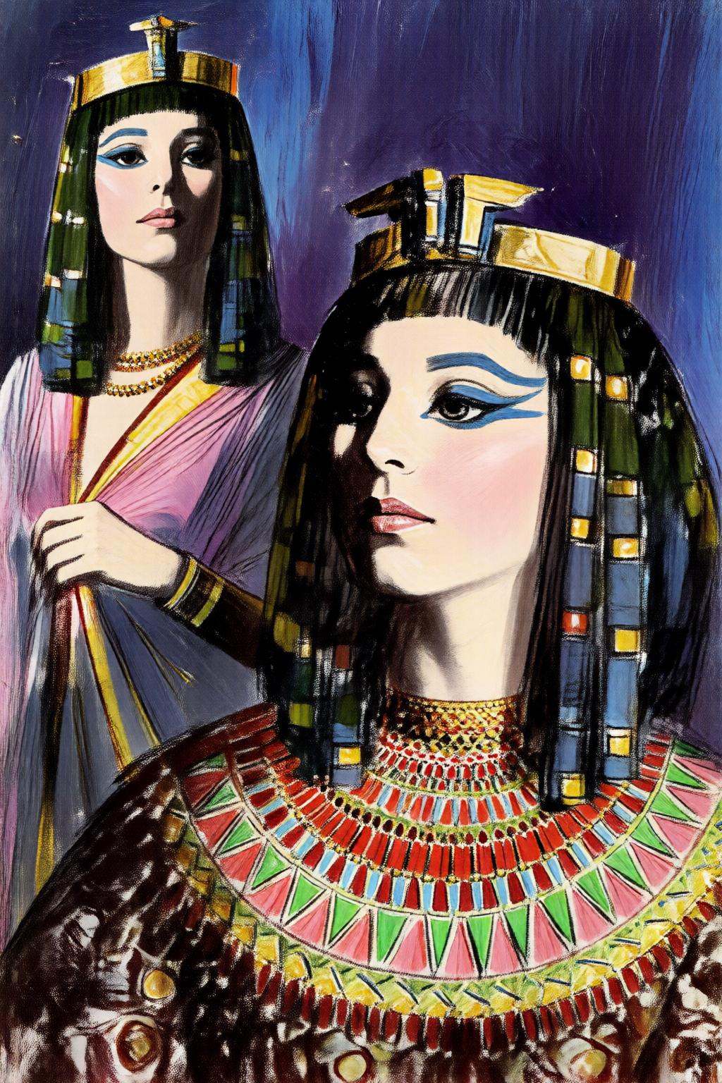 giannirenna2q illustration. Two women in elaborate ancient Egyptian attire are present. Both wear intricate jewelry,  incl...