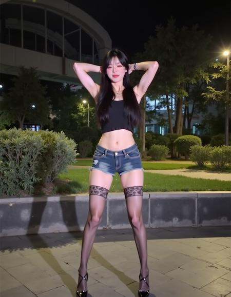 This is a nighttime photograph of a young woman standing confidently in an urban park setting. She is posed with her hands...