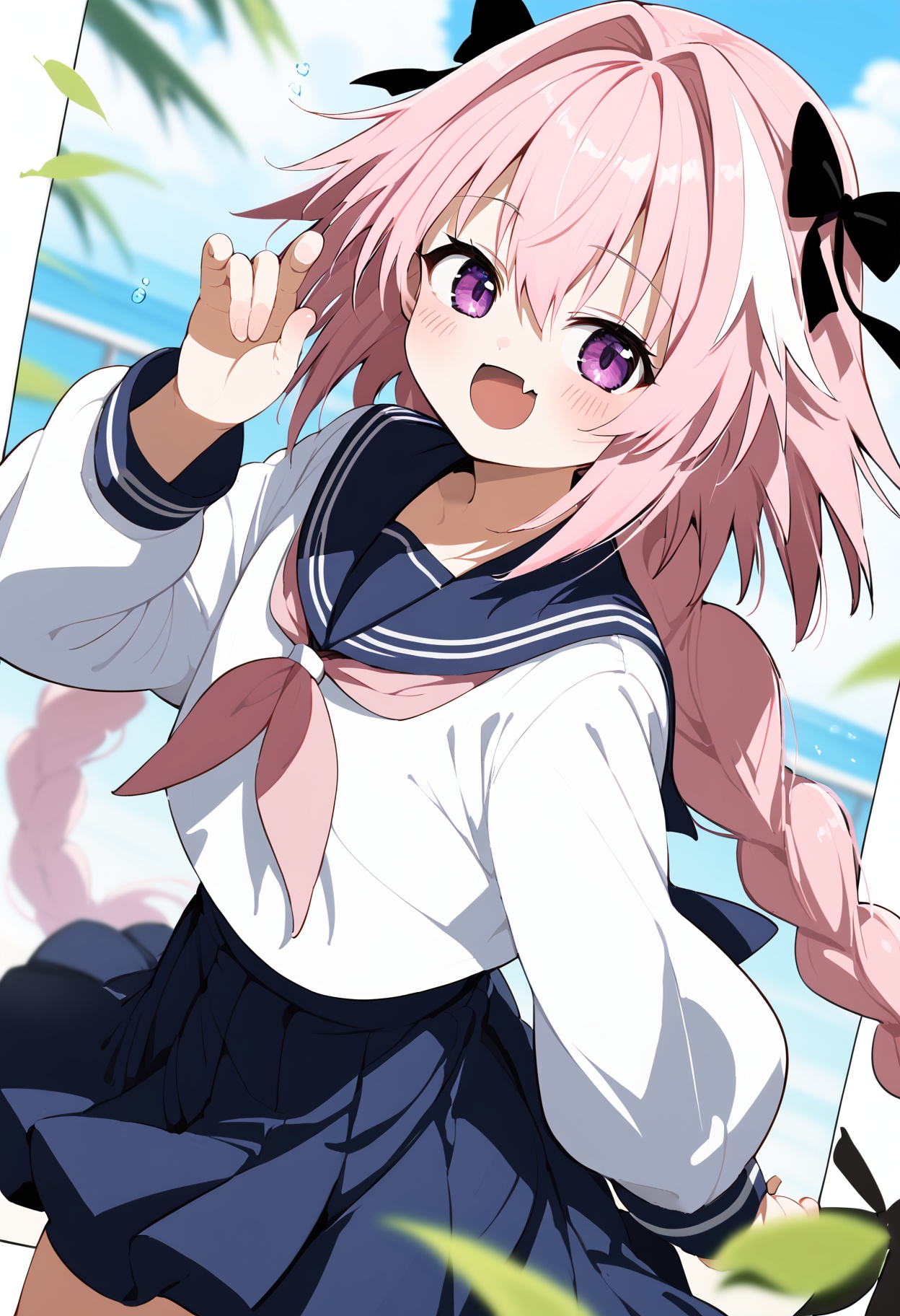 score_9, score_8_up, score_7_up, source_anime BREAK astolfo \(fate\), 1boy, male focus, serafuku, otoko no ko, solo, hair bow, black bow, hair intakes, open mouth, ribbon, blush, hand up, pink neckerchief, braid, pleated skirt, neckerchief, pink bow, hair between eyes, skin fang, pink hair, bow, long sleeves, purple eyes, cowboy shot, long hair, red sailor collar, single braid, smile, school uniform, sailor collar, fang, skirt, blue skirt, shirt, very long hair, :d, white shirt, black ribbon, looking at viewer <lora:Siro9_pony:1>