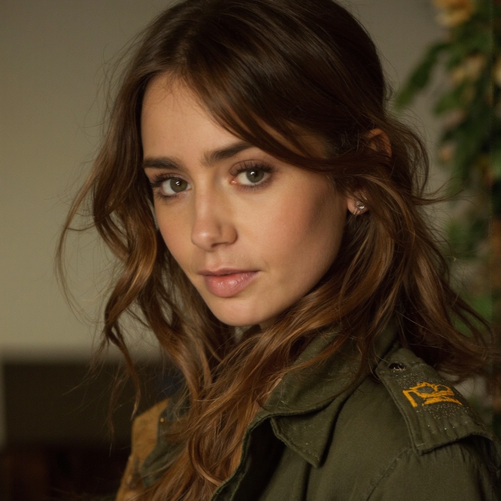 A close-up portrait of lily_collins,  captured in a side profile. She has wavy,  light brown hair and striking blue eyes....