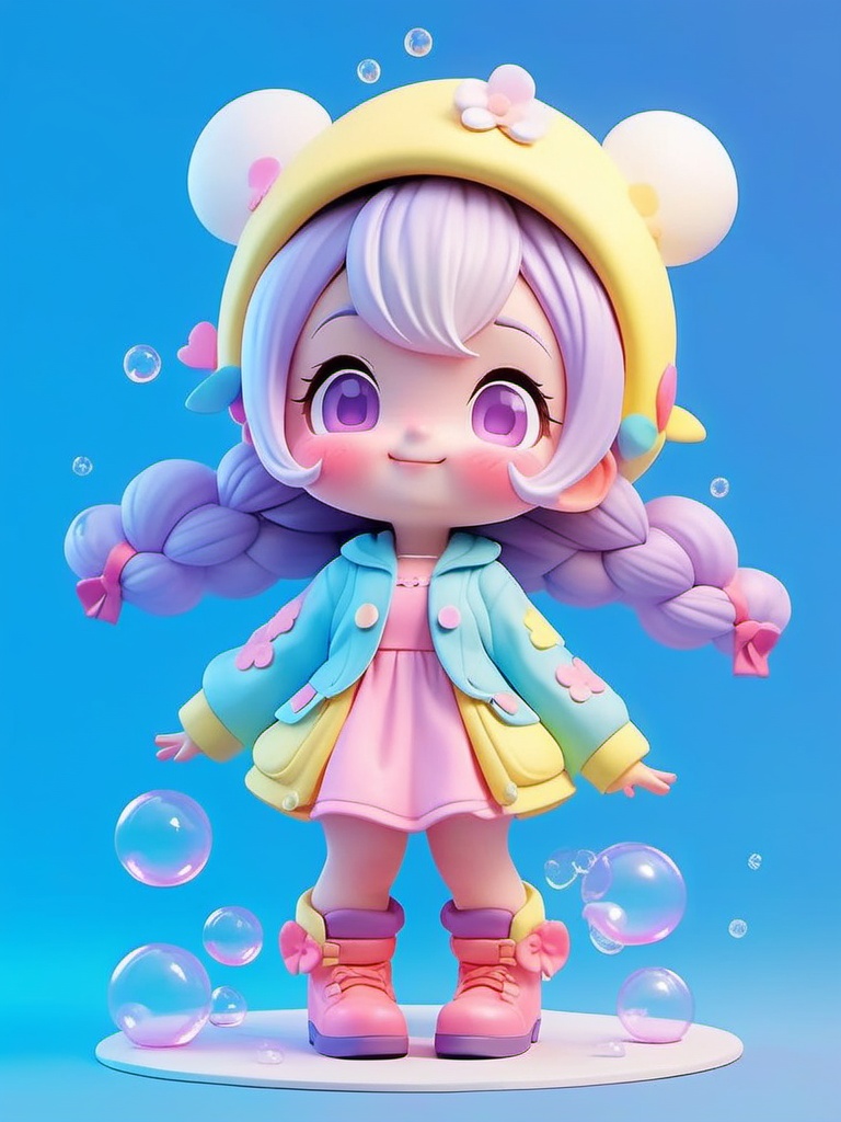 manghe,c4d,A cute,pastel-themed digital CGI character with big,expressive eyes and a cheeky grin. She's got long,braided white hair,rocking a light blue dress with a pink bow,a pastel-colored jacket,and matching yellow boots. A pink and blue hat with a white flower sits on her head. The background fades from blue to purple,with bubbles scattered around her feet,giving off a whimsical vibe.,,<lora:manghe_v1-000010:0.8>