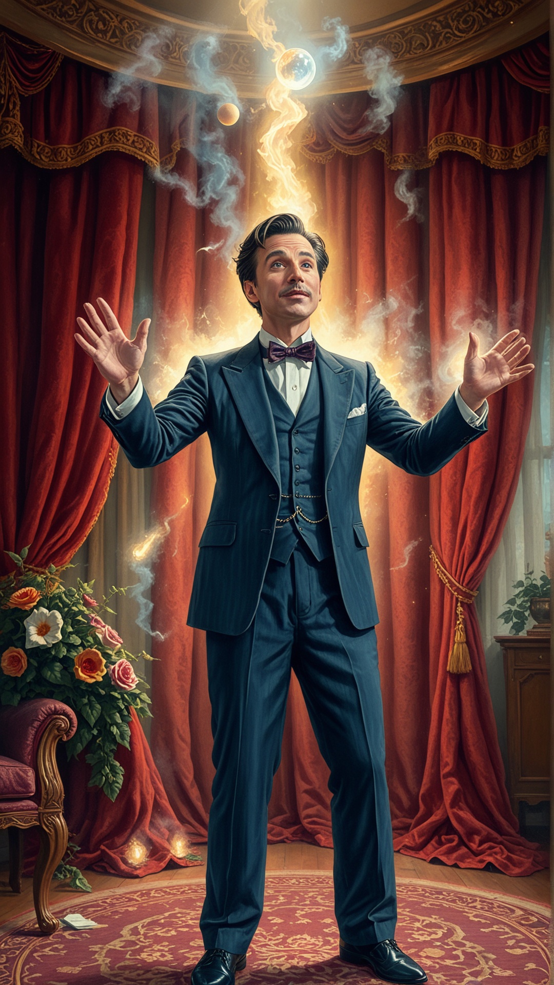Fl0w3rGr0wnStyle A detailed,  lifelike painting of a skilled male magician in a tailored suit,  performing a never-before-...