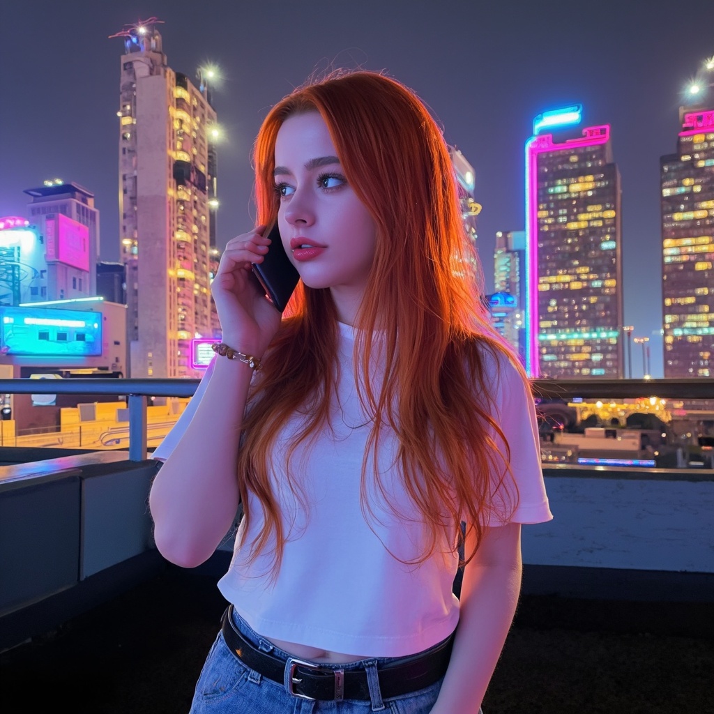 A vivid urban portrait of dasha_taran with striking red hair,  captured in a candid moment. She wears a white t-shirt,  bl...