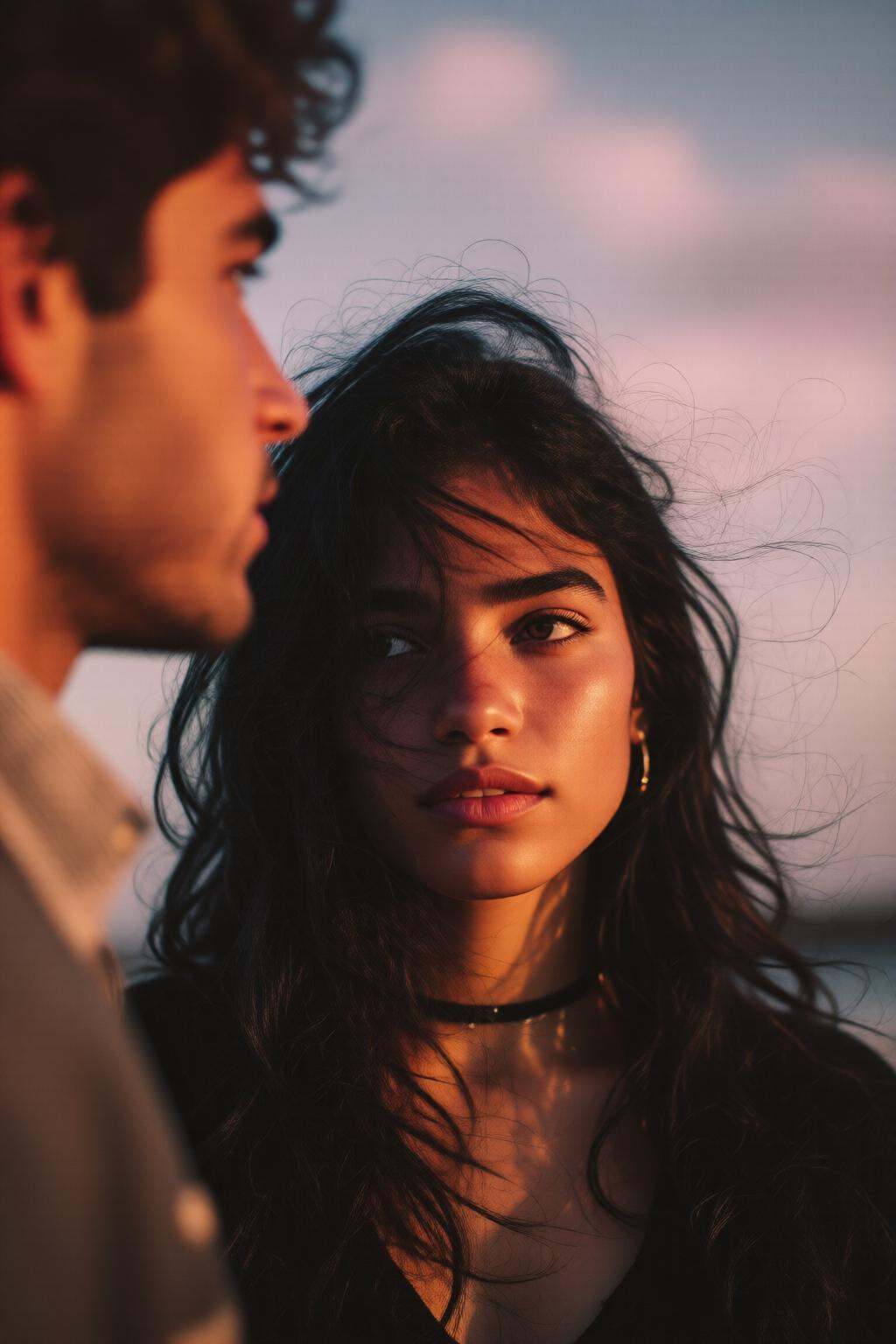 midjourneymix10q photograph.The central figure is a Latina teenager with long,  dark hair,  wearing a black top. Her hair...