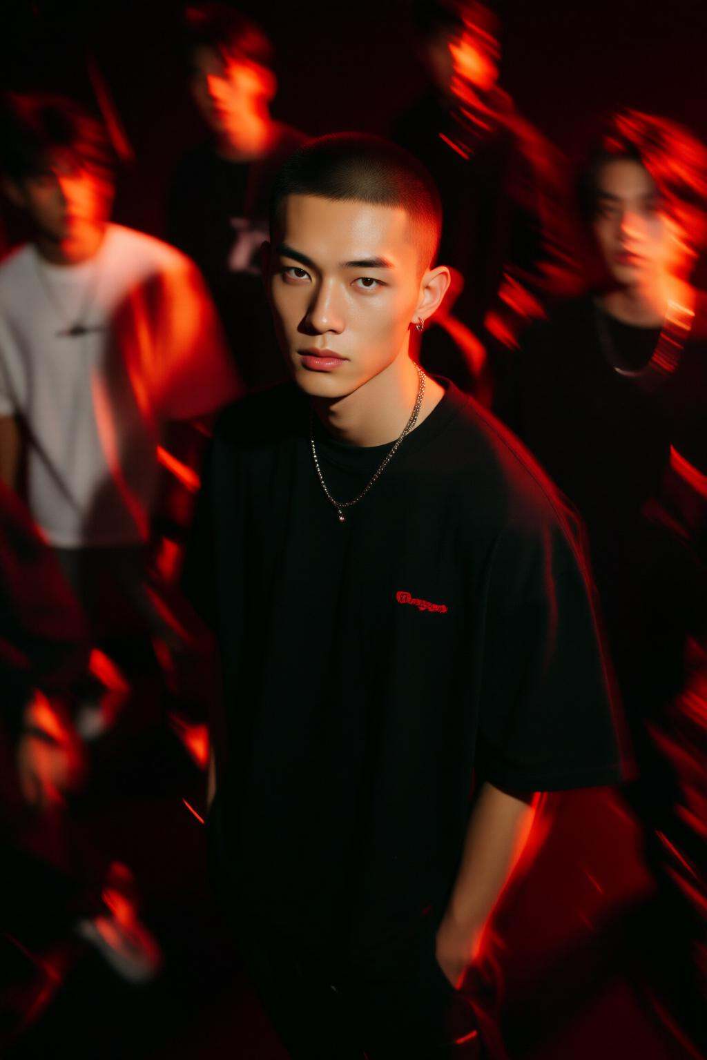 midjourneyhighangle13q High angle view. A young Asian man with short cropped hair,  wearing a black t-shirt with a small r...