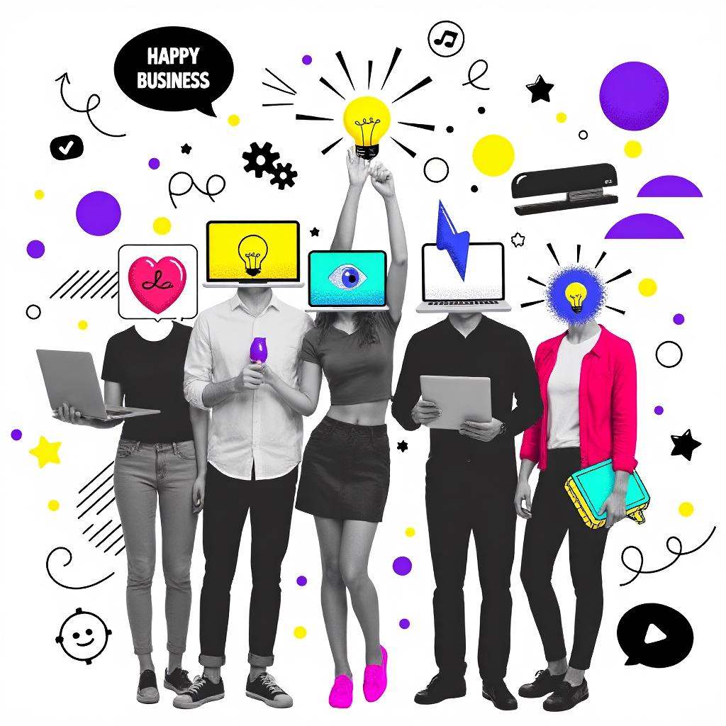 A diverse group of employees is celebrating a business achievement. All employee heads are different stationary objects fr...