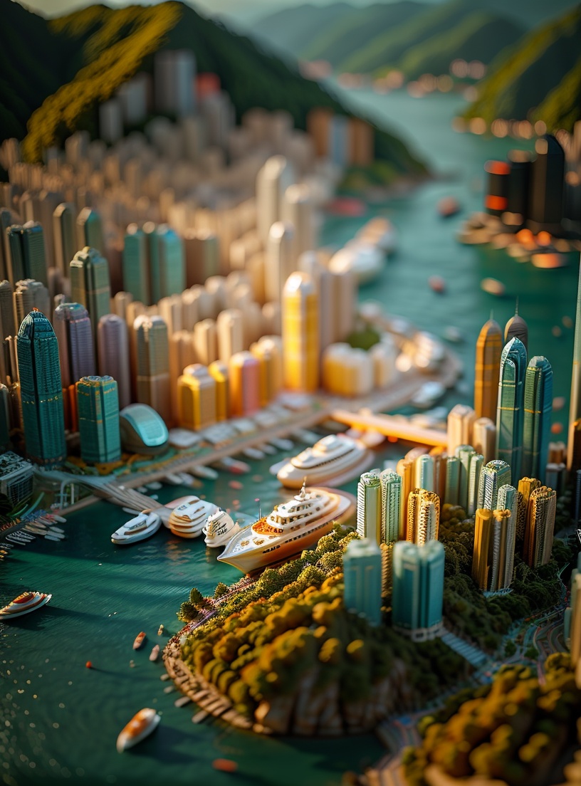 Victoria Harbor, Hong Kong，blurry, blurry_background, blurry_foreground, depth_of_field, motion_blur, city, water, plate, building, pool, food, bokeh, fish, architecture, no_humans, scenery, watercraft, east_asian_architecture，<lora:weiju3:0.7>,