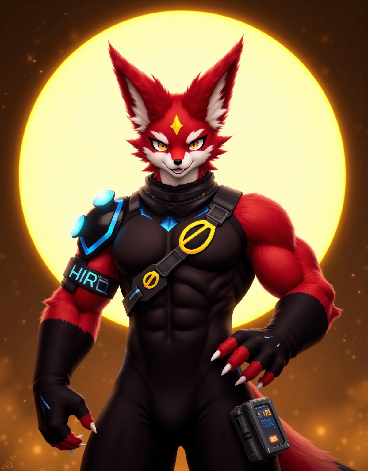 HIRO,  very highly muscular anthropomorphic fox character with striking red fur and sharp,  angular features. The characte...