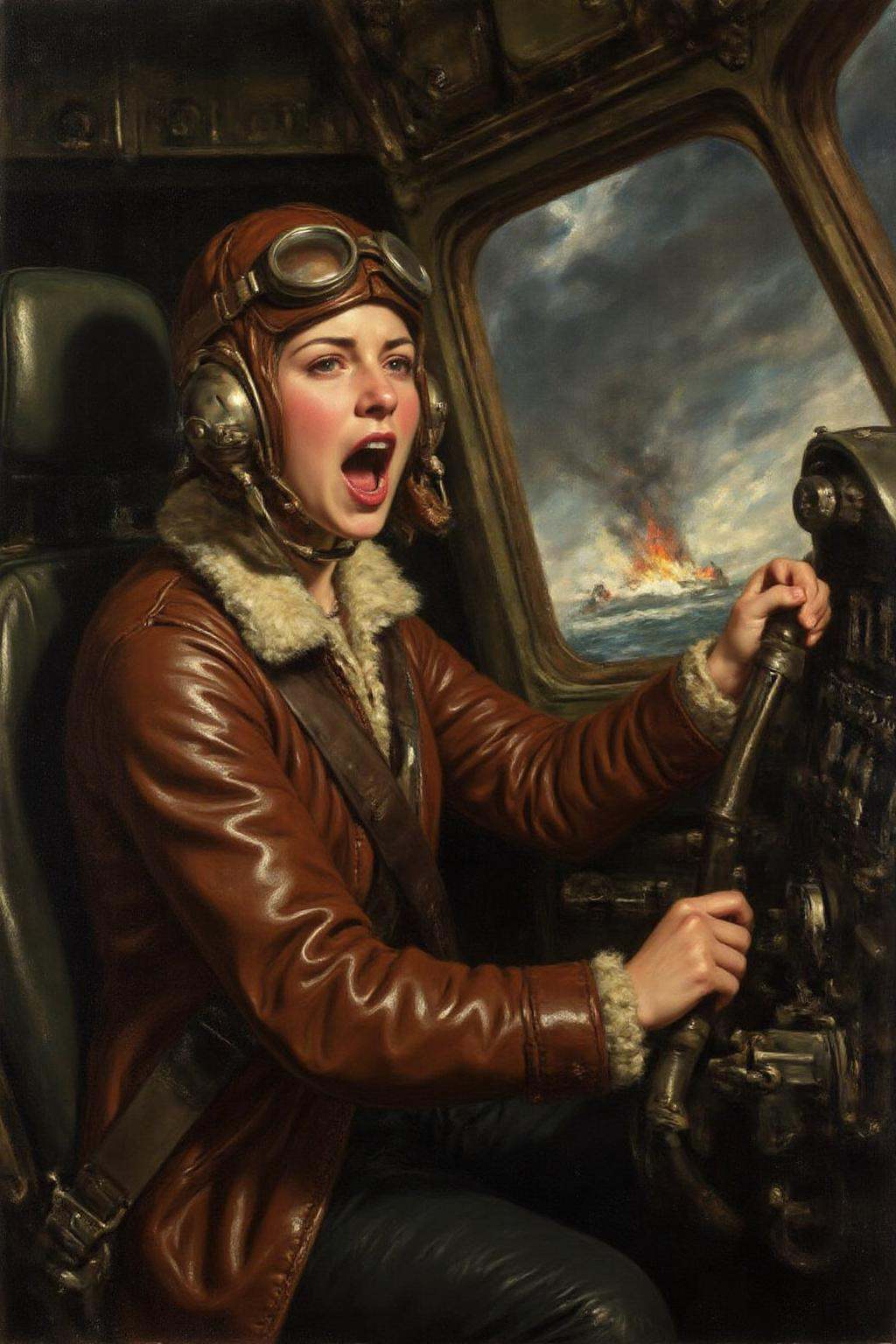 jore1 painting. A female pilot screaming inside the cockpit of a World War II bomber. The pilot,  wearing a vintage leathe...