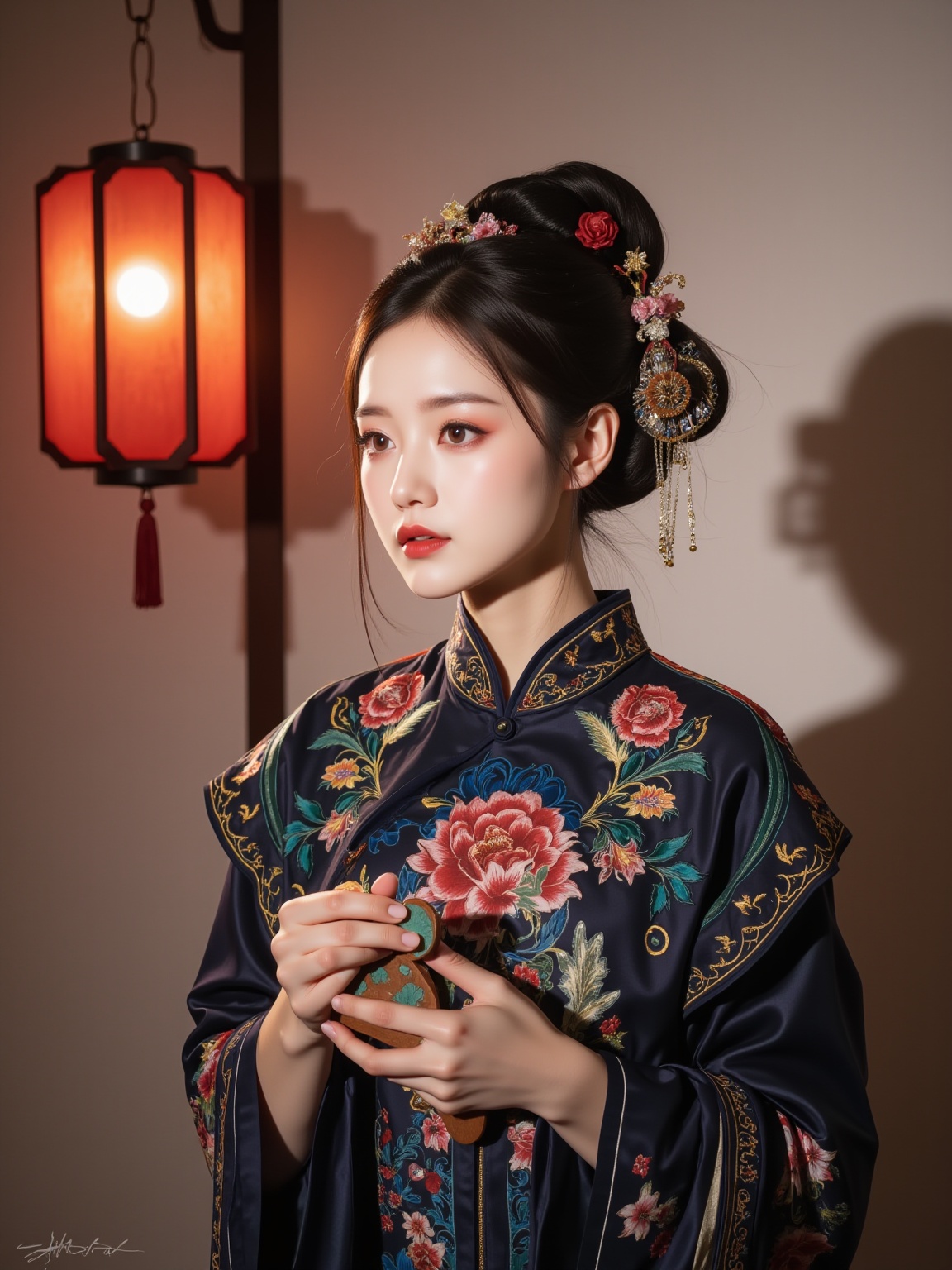 Traditional Chinese painting style, elegant woman in elaborate Hanfu, Tang dynasty, intricate floral embroidery, elaborate hair ornaments, holding a folding fan, red lantern in the background, soft lighting, shadow cast on the wall, serene and poised expression, cultural and historical ambiance.