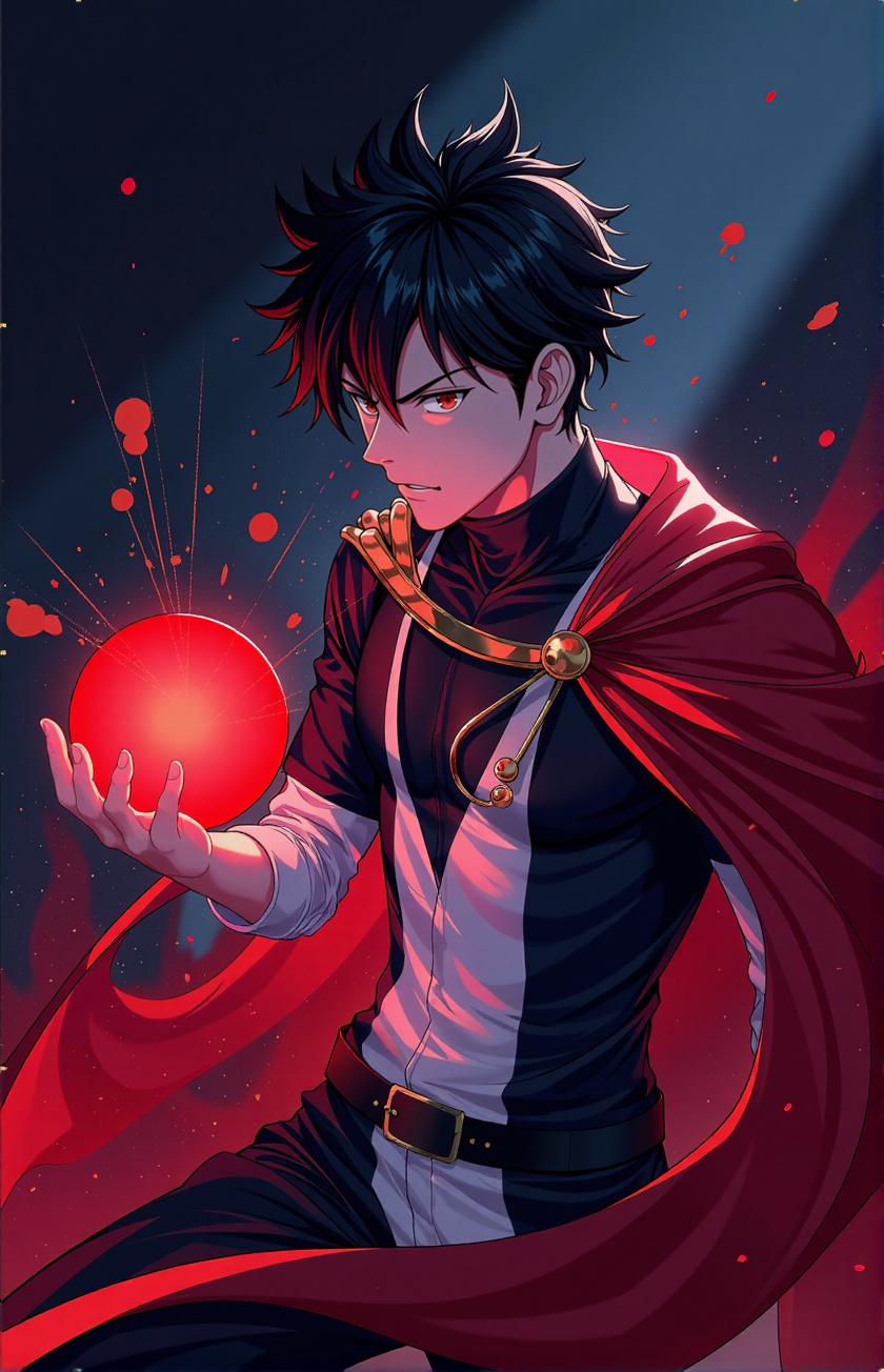 AtdanV4XL,  The image is an illustration of a young man with spiky black hair and a fierce expression on his face. He is w...
