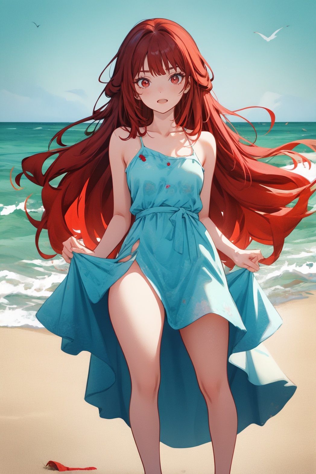 cinematic photo (illustration:1.1),official wallpaper,.,<lora:1幼+2or成熟-2 Mature-Cute:0.25>,<lora:2细节SYK_Mild detail adjuster_V1.0_256（MAX）:0.35>,.,.,.,full body,.,solo,.,.,sundress,red eyes,red hair,outdoors,beach, . 35mm photograph, film, bokeh, professional, 4k, highly detailed