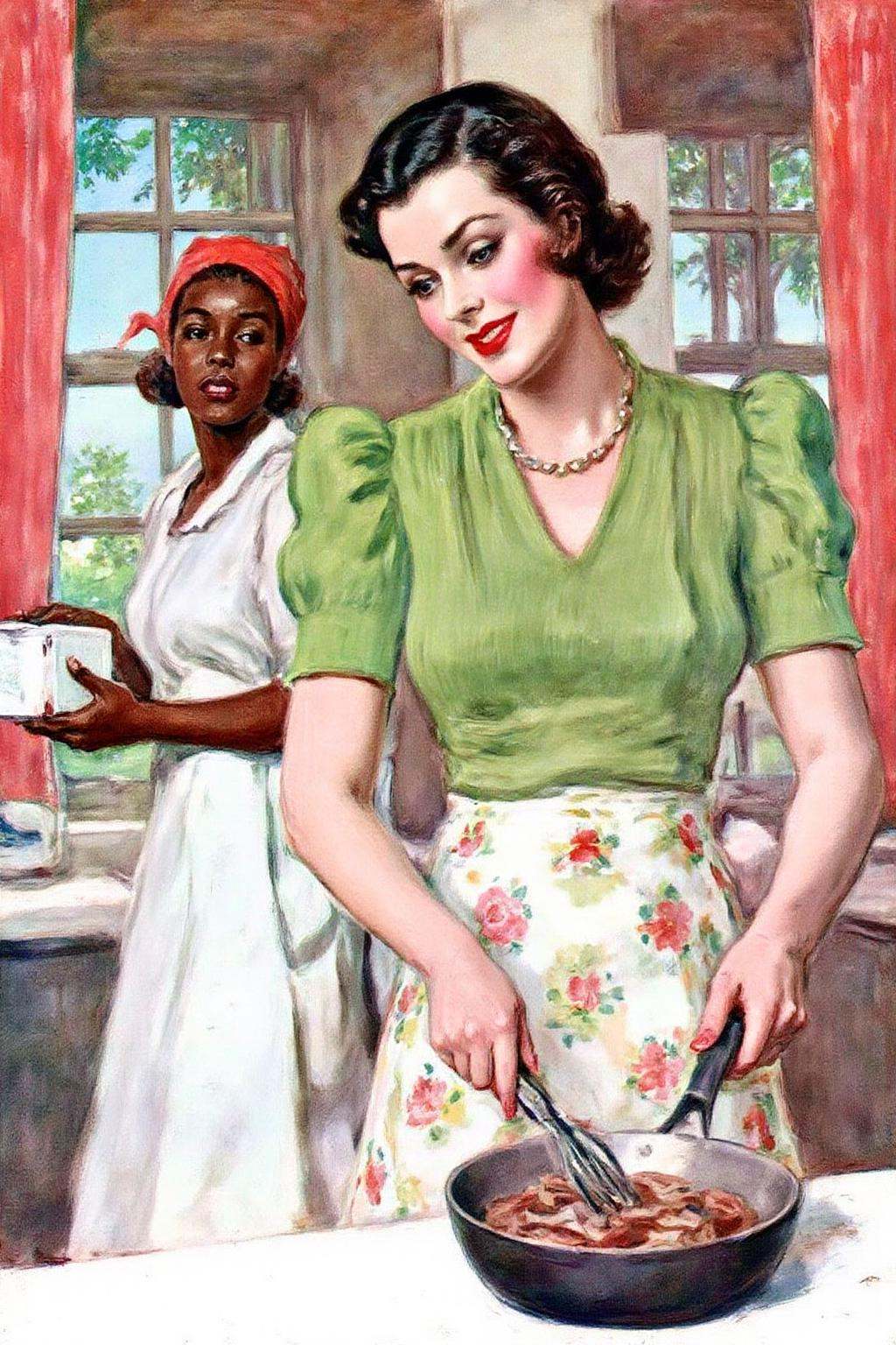 jamesmontgomeryflagg1 illustration.Two women in a kitchen. On the right is a woman with dark wavy hair in the foreground w...