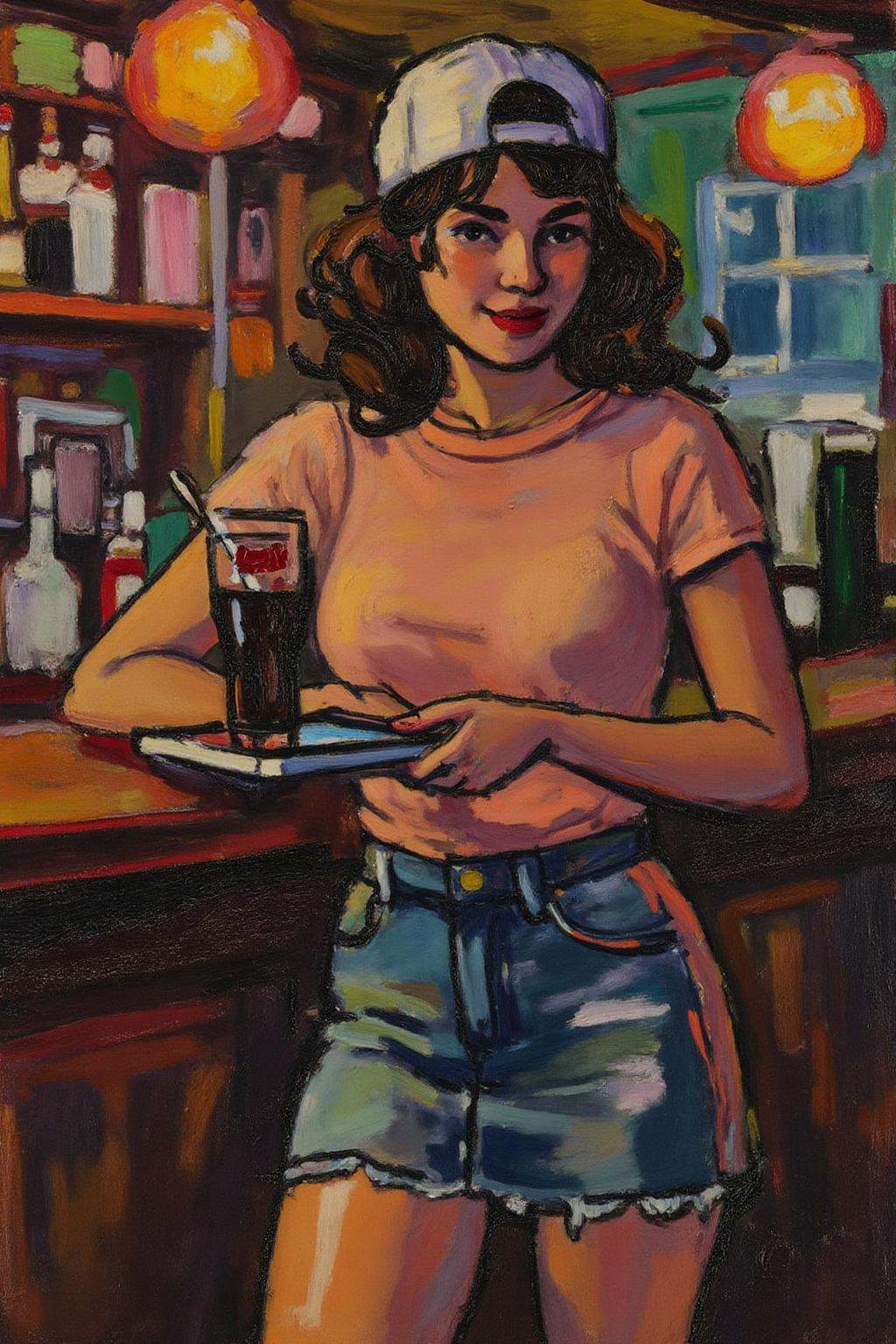 henrylymansayen1 painting.The air buzzes with the energy of a busy bar,  a mix of music,  conversation on Tensor.Art