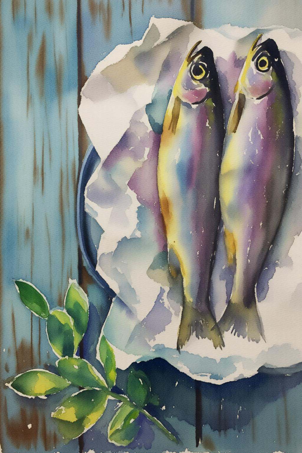 watercolorbasic2q watercolor painting.Three fish,  likely trout,  arranged on a piece of white paper or cloth on Tensor.Art