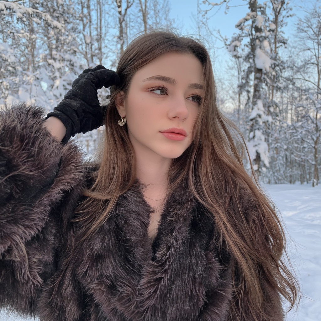 A portrait of dasha_taran outdoors in a snowy forest. She wears a luxurious,  dark fur coat with a fluffy texture and blac...