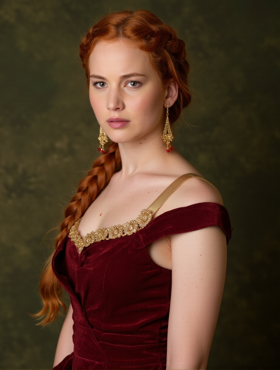 This is a photograph of a woman with striking red hair styled in elaborate braids. Her hair is intricately woven into a se...