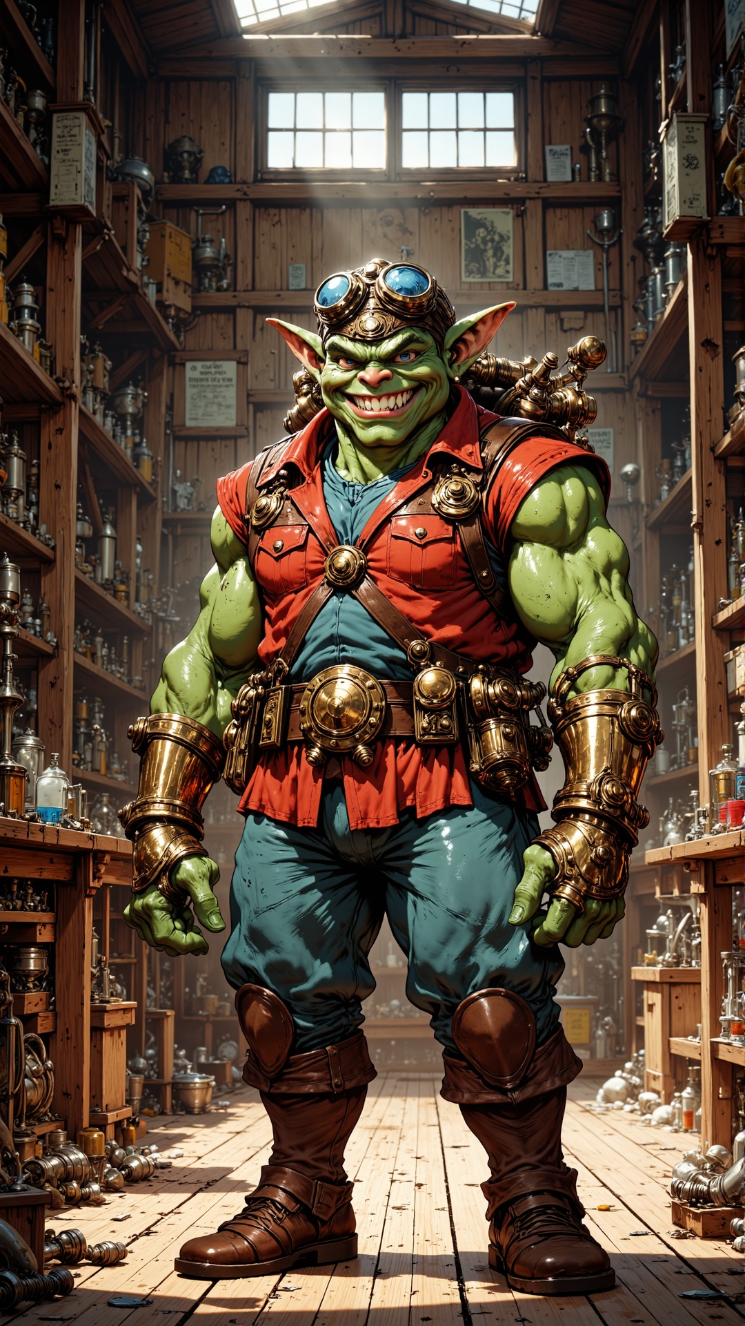 A vertical,  ultra-detailed fantasy portrait of a friendly goblin engineer standing in a spacious wooden workshop filled w...
