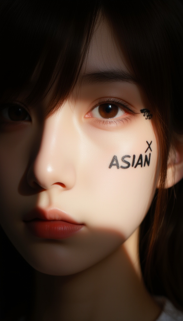 Close-up shot of a Japanese girl with rich brown hair,  "Max-Mix ASIAN" stylish tattoo on cheek,  illuminated by warm sunl...