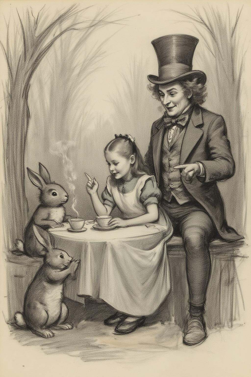 charcoal drawing.Three characters sitting at a table at a tea party in the forest. In the center is Alice in Wonderland,...