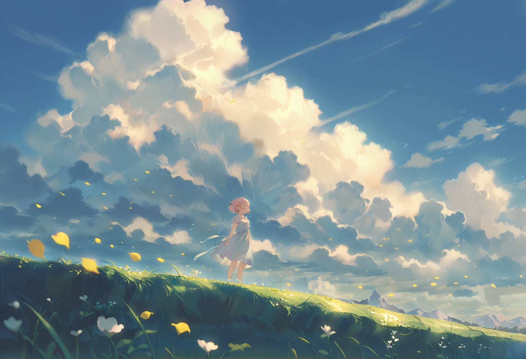 1girl, solo, cloud, scenery, sky, short hair, outdoors, cloudy sky, dress, standing, petals, fantasy , best quality,amazing quality,very aesthetic,absurdres,masterpiece,