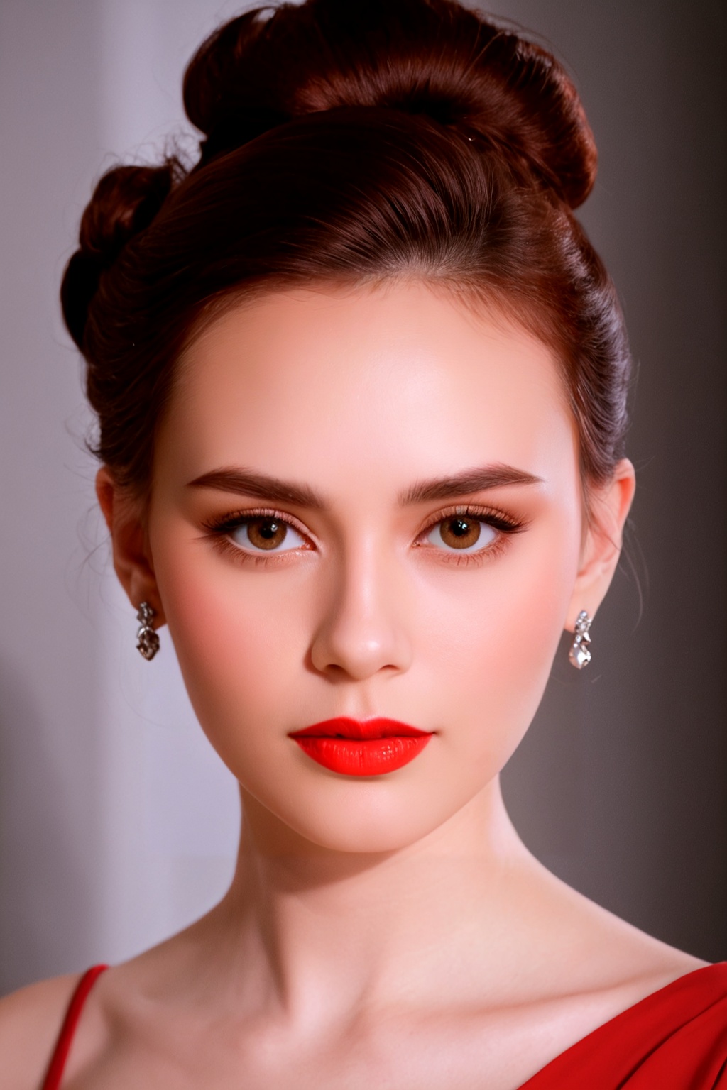closeup Portrait photography. High Contrast. Fine facial details. Artful interplay of light and shadow. (hair updo). beaut...