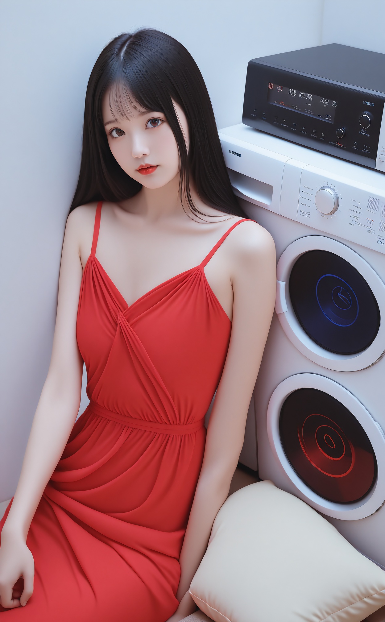 masterpiece,best quality,high quality,1girl,dress,red dress,solo,black hair,record,photorealistic,asian,looking at viewer,sitting,realistic,long hair,poster \(object\),red lips,washing machine,pillow,sleeveless,indoors,brown eyes,sleeveless dress,lips,bare shoulders,lipstick,closed mouth,cushion,