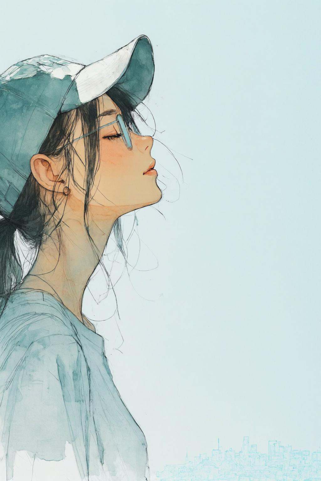 nijiwatercolor1q anime illustration. A young woman,  shown in side profile,  is wearing a light blue cap and a light-color...