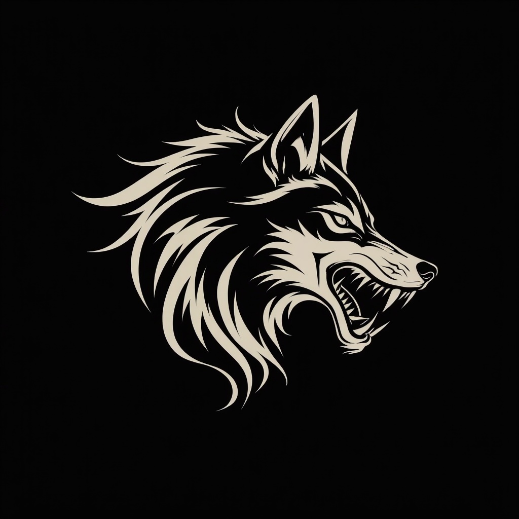 logo,no humans,black background,monochrome,simple background,open mouth,teeth,fangs,sharp teeth,wolf,