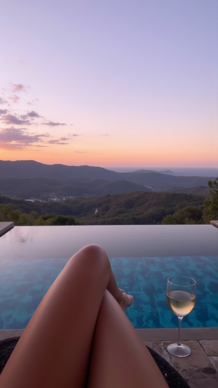 aidmaFemalePOV,  Sitting at the edge of an infinity pool,  legs dipped in the cool water on Tensor.Art