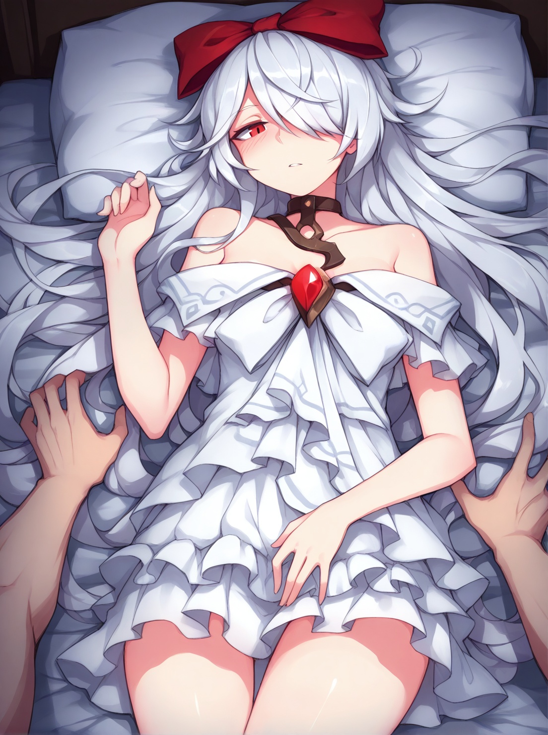 Dark bedroom illuminated by soft candlelight,  woman lying on a bed with smooth,  glowing skin on Tensor.Art