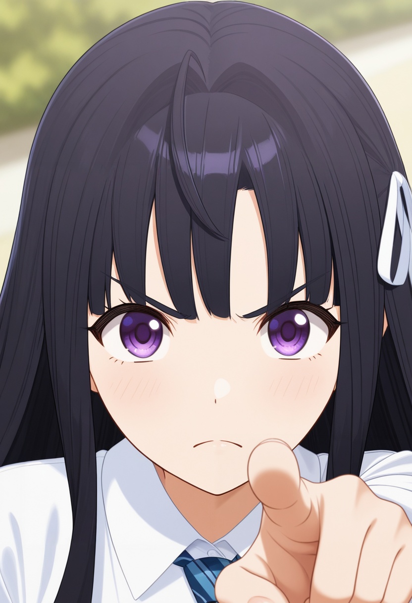 <lora:486_v1.0_illustrious-000018:1>,SUBARUAWA, purple eyes, black hair, solo, necktie, looking at viewer, pointing, pointing at viewer, long hair, shirt, frown, white shirt, blurry, hair ribbon, v-shaped eyebrows, collared shirt, ribbon, closed mouth, blurry background, blush, portrait