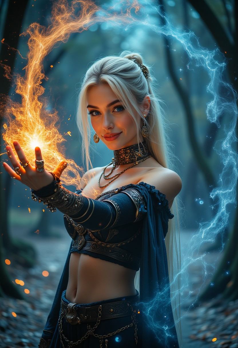 A stunning slim female wizard stands poised in a magical dark fantasy realm,  casting a mesmerizing spell with elemental e...