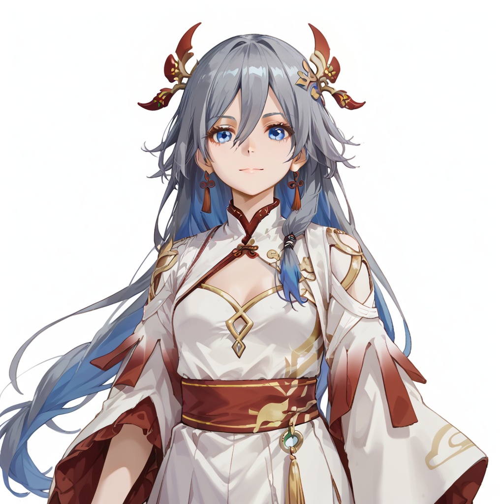 (white background:1.2),looking at viewer,(SOLO:1.4),outline,simple background,upper body, cowboy shot,looking at viewer,(((arms at side))),    fu hua,long hair,bangs,blue eyes,grey hair,blue hair,hair ornament,hair between eyes,low-tied long hair,chinese clothes,hakama skirt,hanfu,dress,multicolored hair,hair ornament,wide sleeves,very long hair,low-tied long hair,long hair,<lora:suyaxianren-pony:0.8>