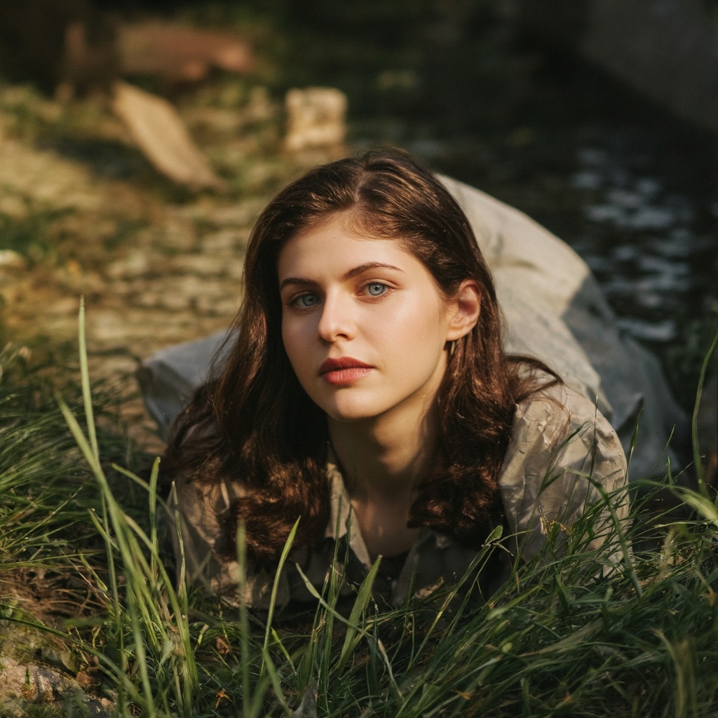 A serene portrait of alexandra_daddario lying in a body of water,  her head resting on a bed of green grass. The sun casts...