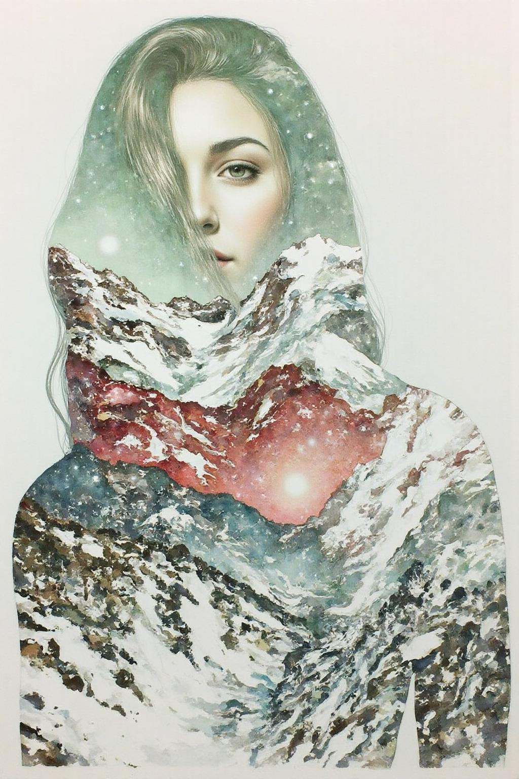 Portrait painting. A woman's face is partially covered by her long hair. A snowy mountain landscape blends seamlessly with...