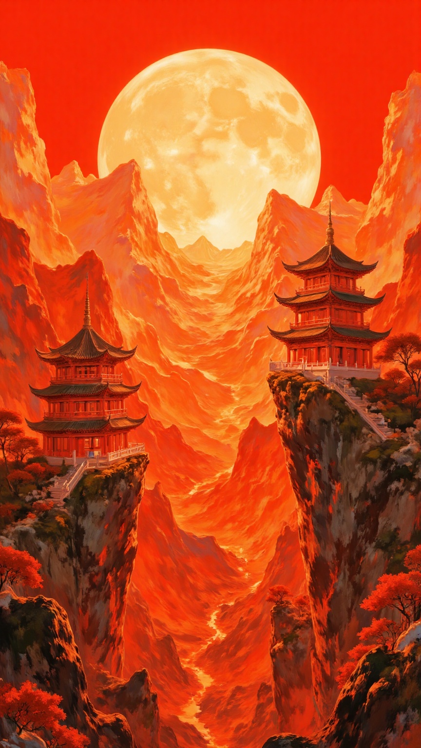 miluo_zgf,  This is a digitally rendered,  surrealistic landscape featuring two traditional Chinese pagodas perched on roc...