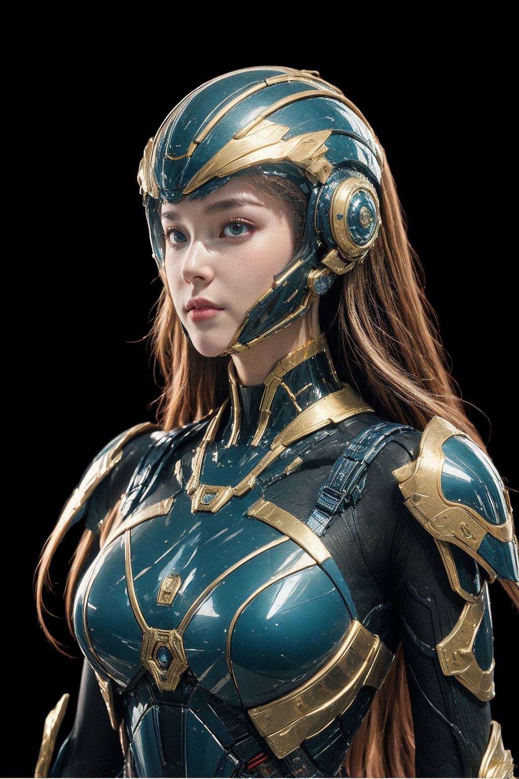 (extremely detailed:1.4),(realistic:1.4),1girl,(long hair:1.4),solo, transparent helmet, science fiction, armor, upper body, blue cyborg, blue power armor,