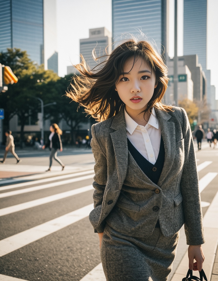 beautiful _korean japanese 1girl,  wearing Tweed blazer with matching skirt or slacks for cooler months,  office lady on T...