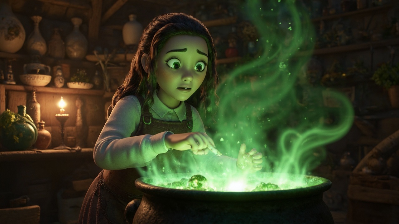 A CGI scene depicting a young alchemist stands in front of a bubbling cauldron in a cozy,  dimly lit cabin filled with her...