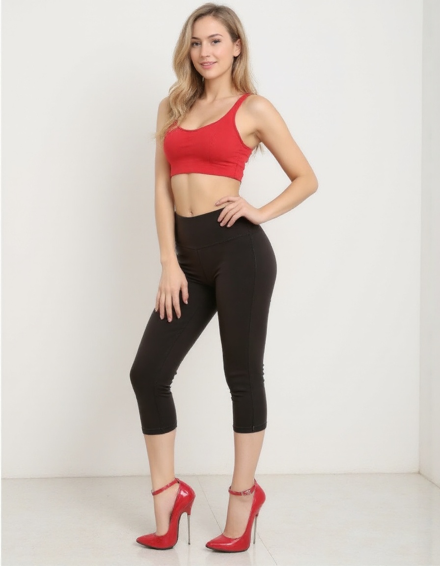 32k fullbody photograph of a beautiful woman posing wearing a black yoga pants,  a red crop top and red ankle strap pumps...