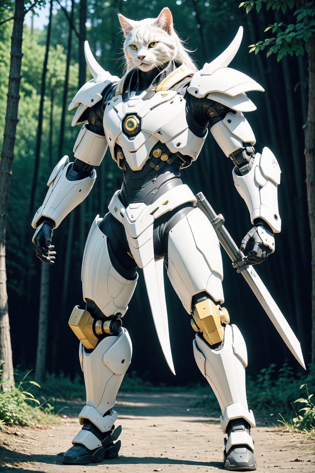 no humans, robot, standing, solo, cat, weapon, weapon on back, armor, nature, sword, forest, outdoors, tail, mecha, animal, full body, open hands, white hair, science fiction, animal ears, tree, green eyes, yellow eyes, horns, long hair, sheathed