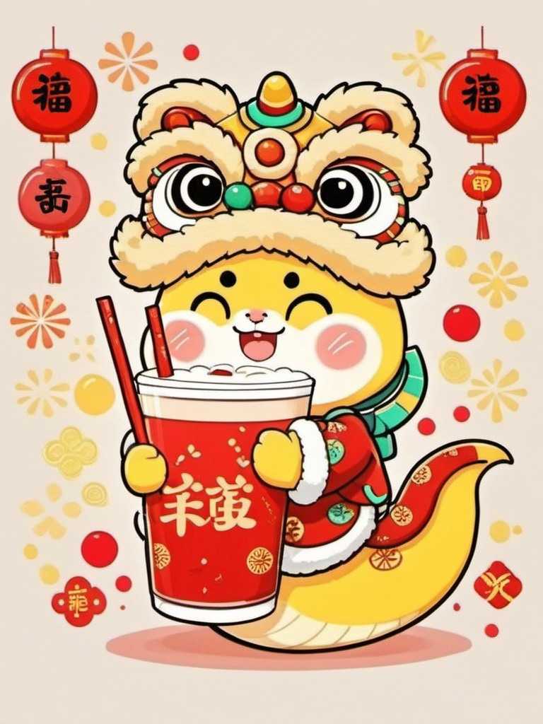 Lion dancing hats,shebaobao,An adorable yellow cartoon snake dressed in a traditional Chinese New Year costume, a red costume with gold patterns, a funky lion head mask and a red drink in his hand. The backdrop is a festive pale beige, heaped with Chinese symbols, firecrackers and hearts.,<lora:she_v1:0.8>