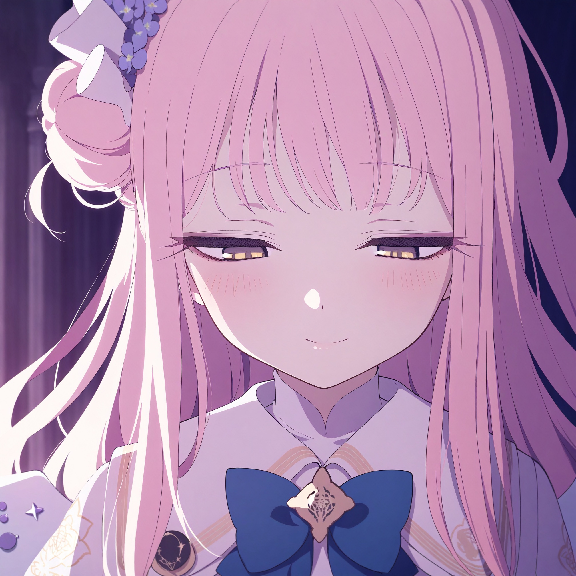 masterpiece,best quality,high quality,loli,1girl,mika (blue archive),solo,pink hair,single side bun,hair bun,long hair,yellow eyes,smile,hair ornament,wings,hair flower,flower,white capelet,white wings,portrait,closed mouth,capelet,purple flower,white dress,dress,half-closed eyes,angel wings,blush,blurry,looking down,feathered wings,pillar,