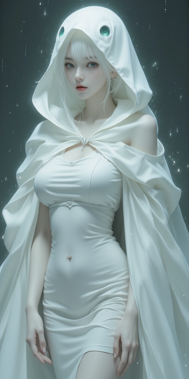 (masterpiece, best quality:1.4),finely detailed,1girl,solo,pale skin,perfect body,standing,(gigantic breasts:1.2),,killer,(white semi-transparent ghost hood),white dress,white tight-fitting dress,black or dark green oval eyes on the hood,ghost,ghost costume,(large white ghost cape),(white cape covering the entire body:1.2),(cowboy_shot:1.3),