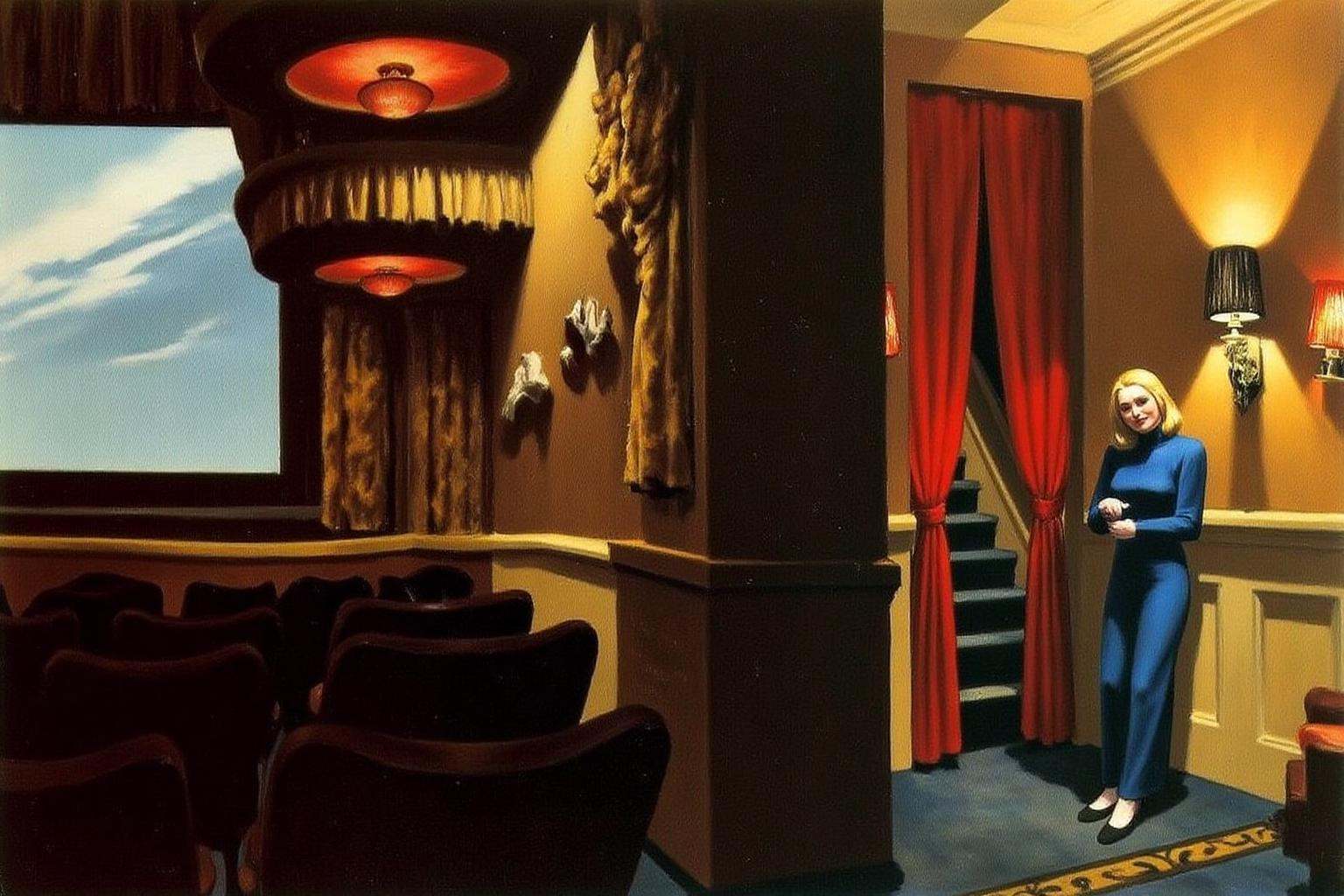 edwardhopper1 painting. A movie theater. On the left,  there are rows of seats facing a screen. Above,  red-lit ceiling fi...
