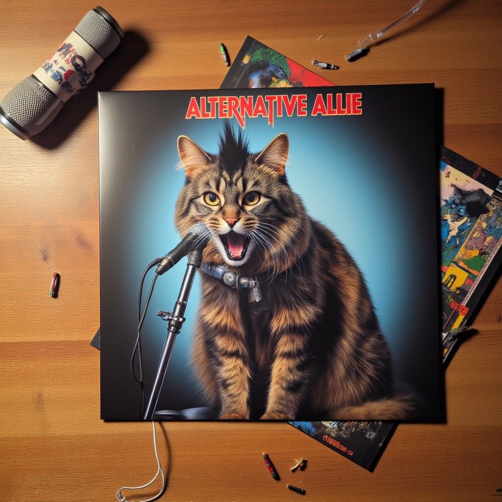 This image is a photograph of a vinyl record cover titled "Alternative Allie" in a punk rock font on a wooden table,  feat...