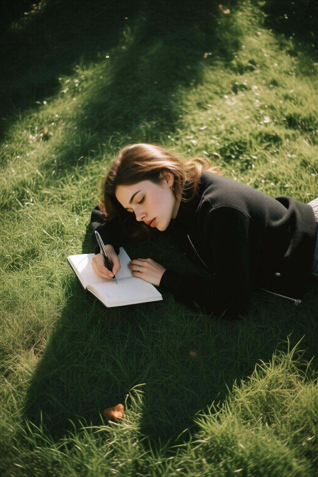 midjourneyhighangle13q High angle view.A woman lying on her side on a grassy area,  wearing a black jacket and headphones....