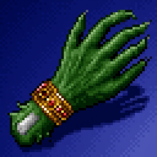 A HoMM2 style Arm of the Martyr artifact,  gradient blue background.The subject is a large,  green on Tensor.Art